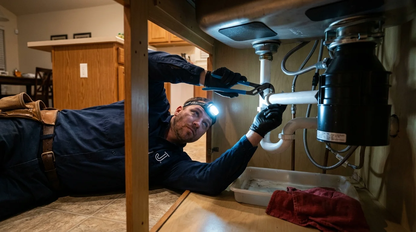 P-trap and supply line connections under a kitchen sink showing a common leak point in Colorado City, AZ